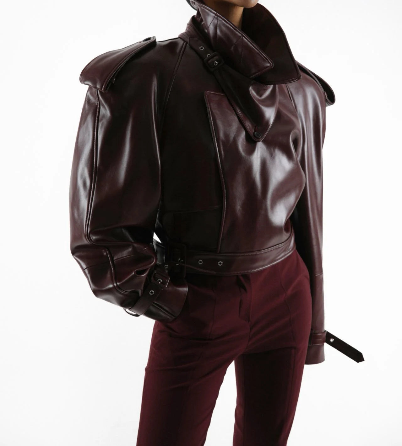 Deep Burgundy Leather Jacket with Structured Silhouette - CONTOUR New York 