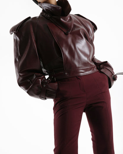 Deep Burgundy Leather Jacket with Structured Silhouette - CONTOUR New York 