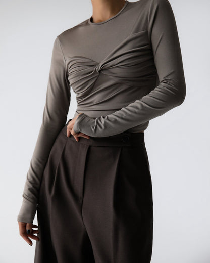 Taupe Long-Sleeve Twist Detail Top - CONTOUR New York 