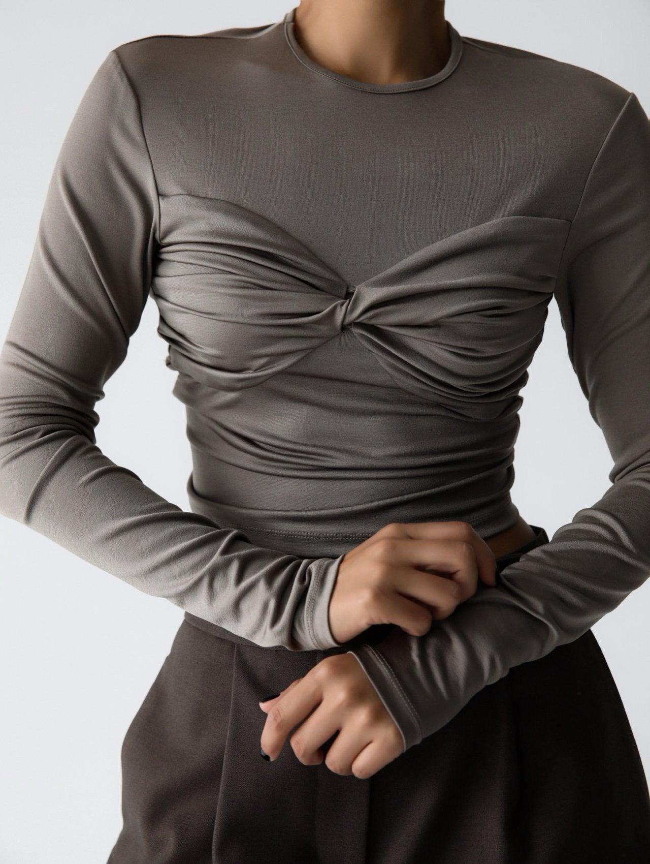 Taupe Long-Sleeve Twist Detail Top - CONTOUR New York 