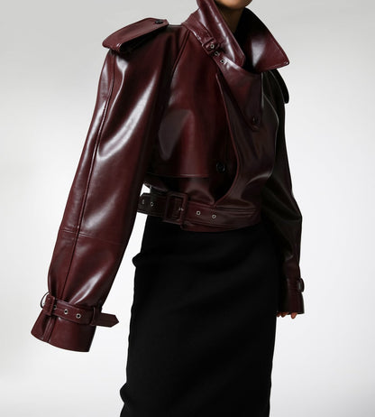 Deep Burgundy Leather Jacket with Structured Silhouette - CONTOUR New York 