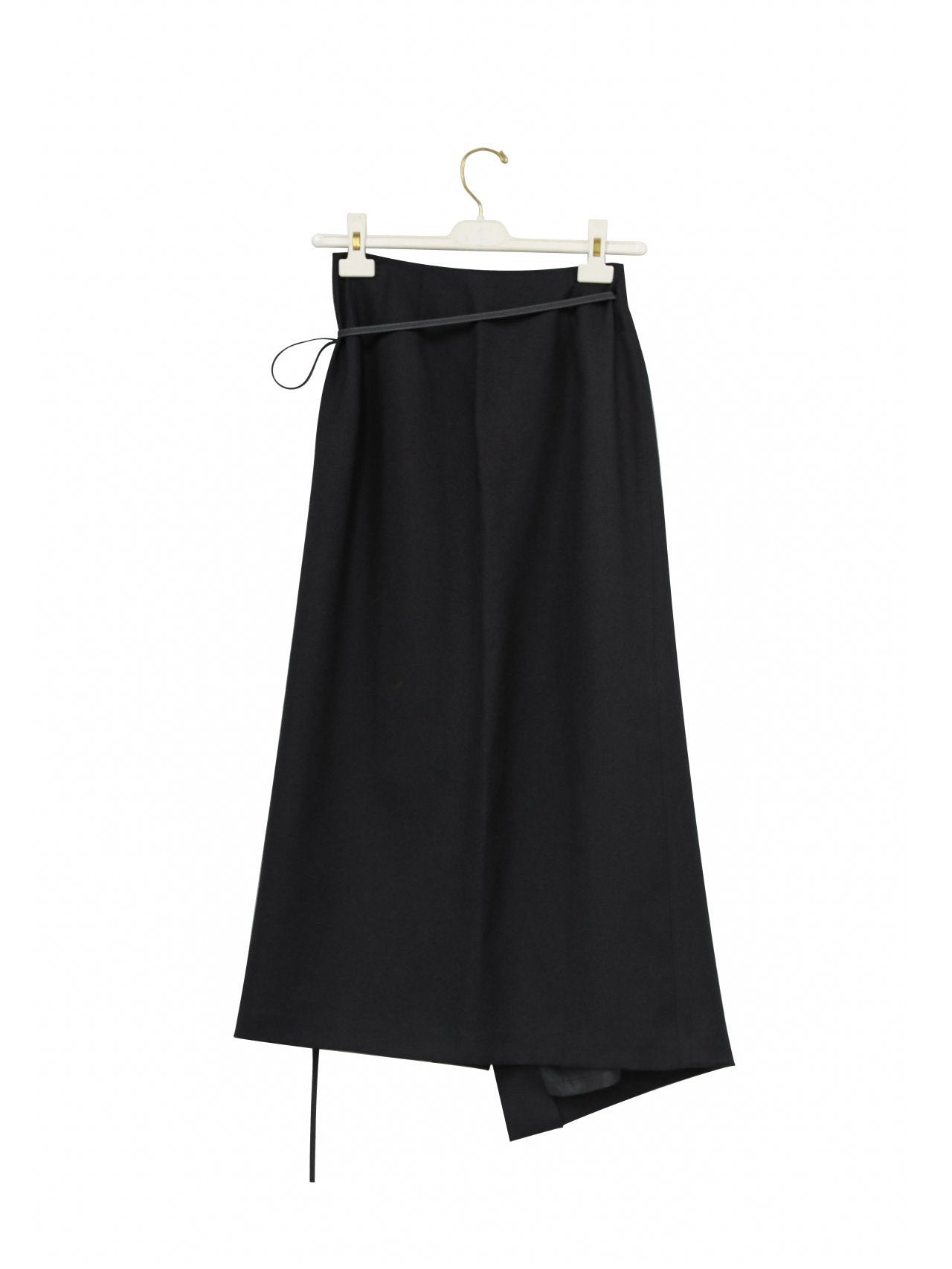 Black satin wrap skirt hanging on a minimalist white hanger, product display image