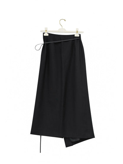 Black satin wrap skirt hanging on a minimalist white hanger, product display image