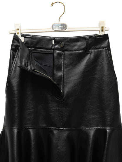 Front view of black vegan leather mermaid peplum skirt hanging on CONTOUR hanger.