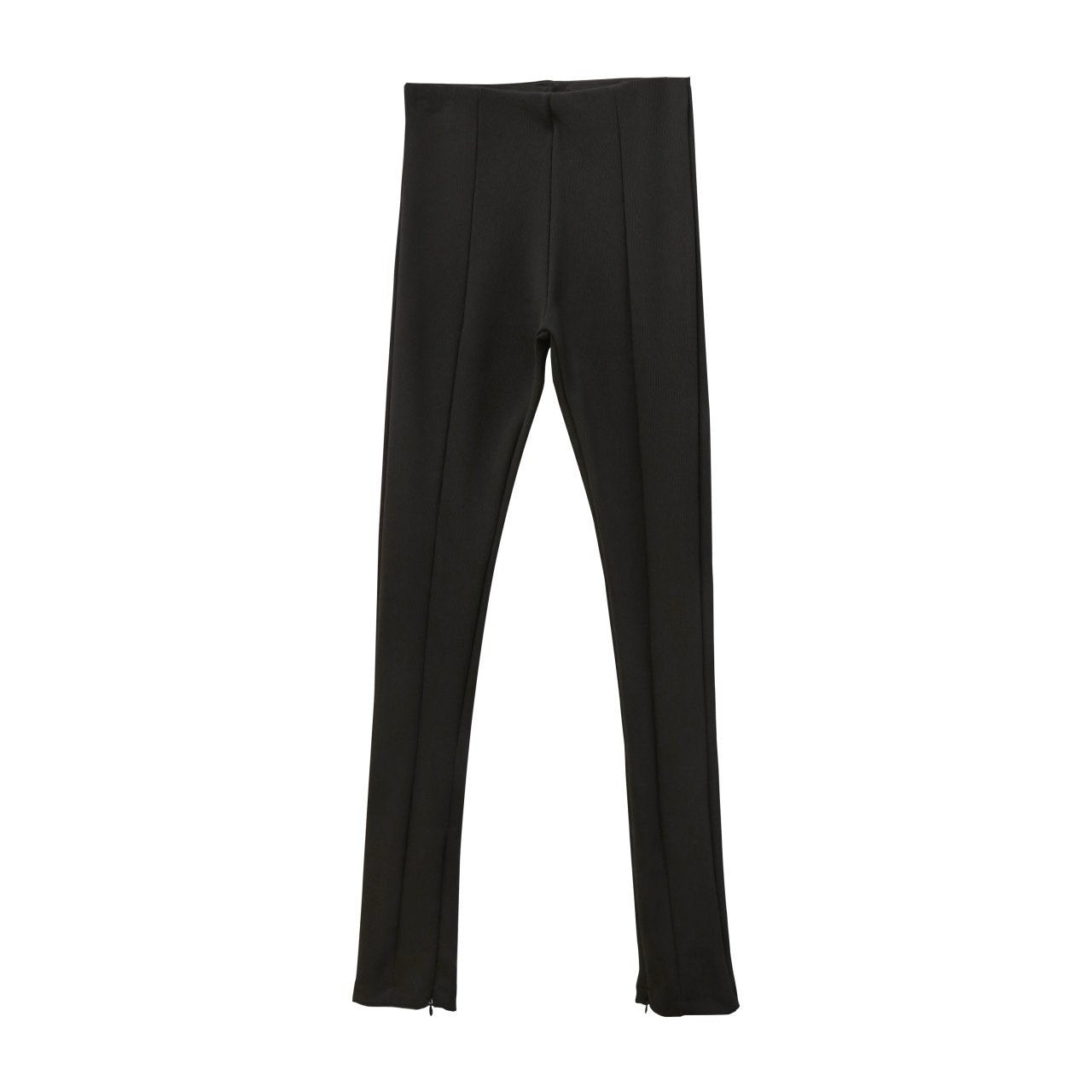 Black ribbed side-slit leggings laid flat showing structured high-rise shape.