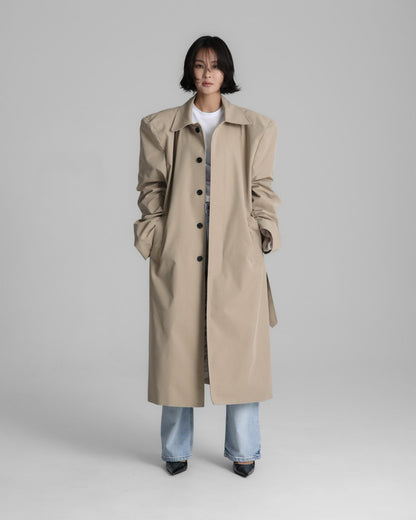 Full front view of the Classic Oversized Structured Trench Coat worn open over denim, showing oversized fit.