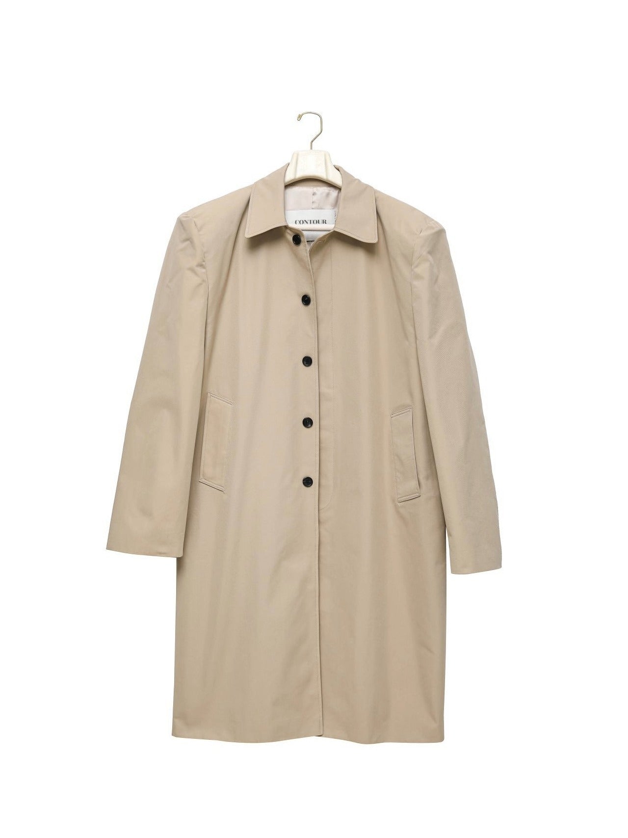 Classic Oversized Structured Trench Coat on hanger, displaying crisp cotton-blend texture and design form.